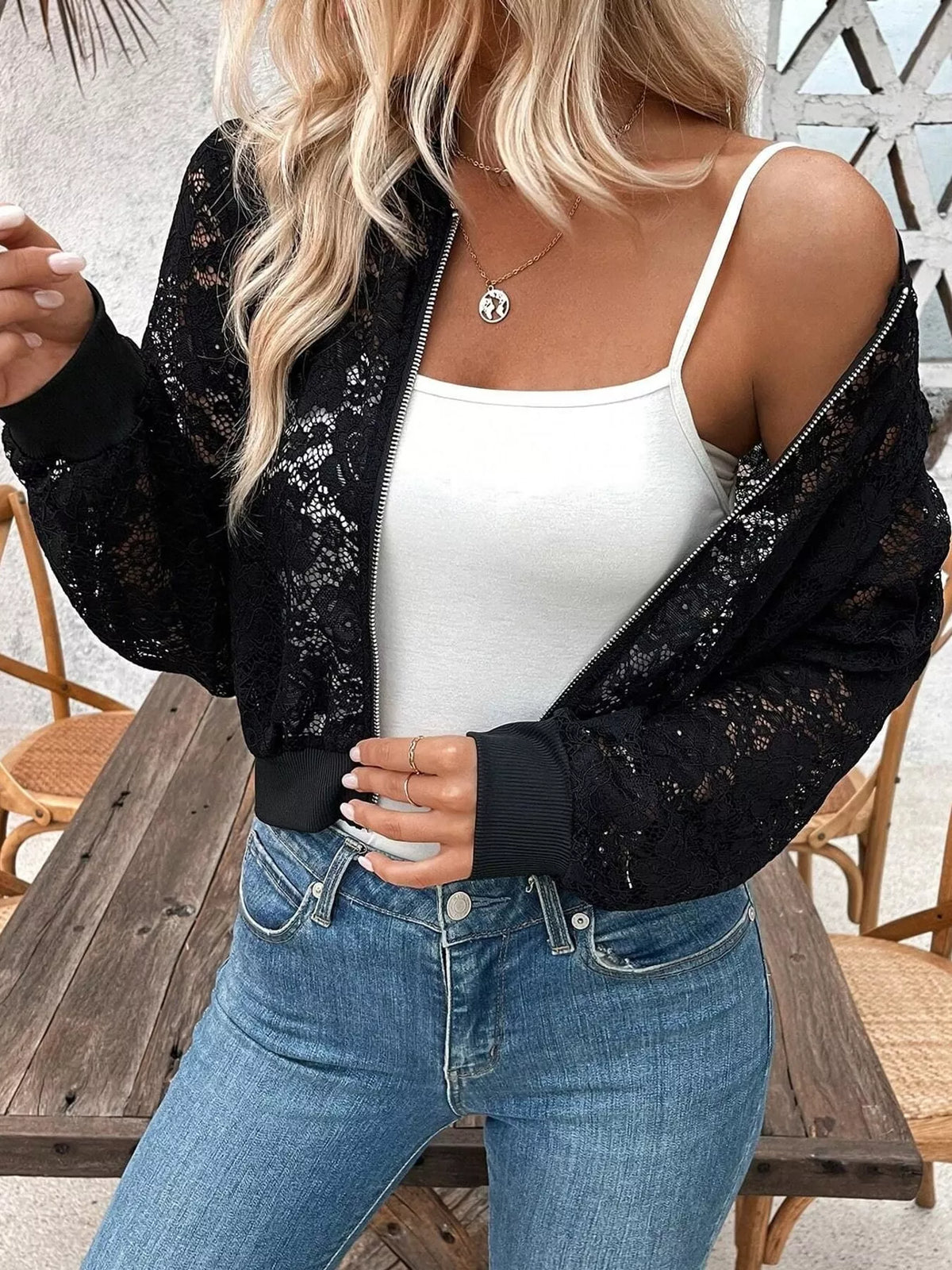 Sheer Lace Zip Up Jacket