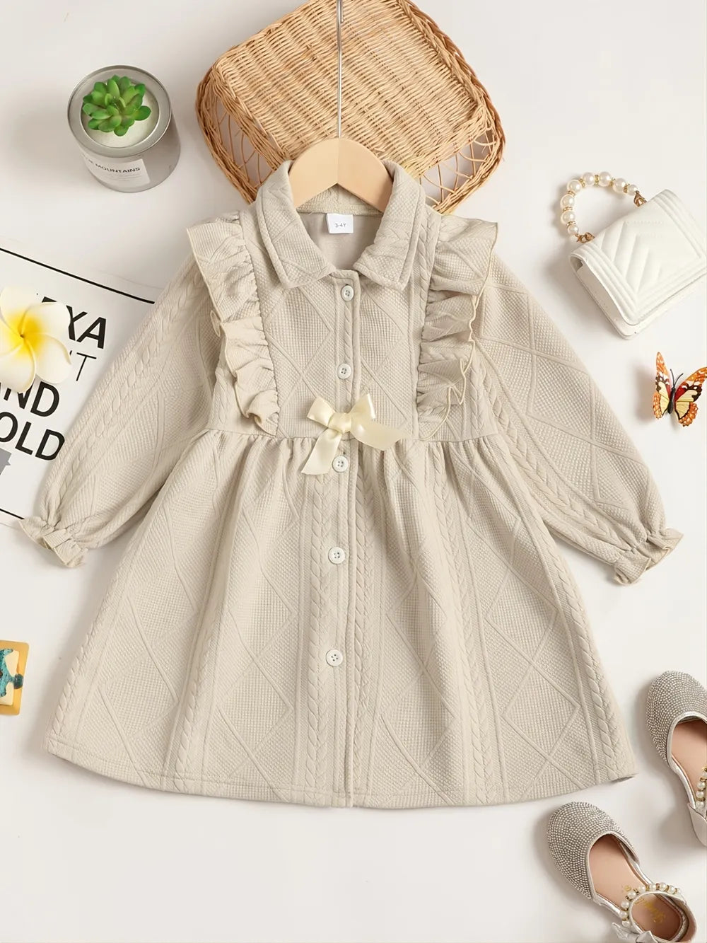 Children's Ruffled Bow Collared Neck Dress