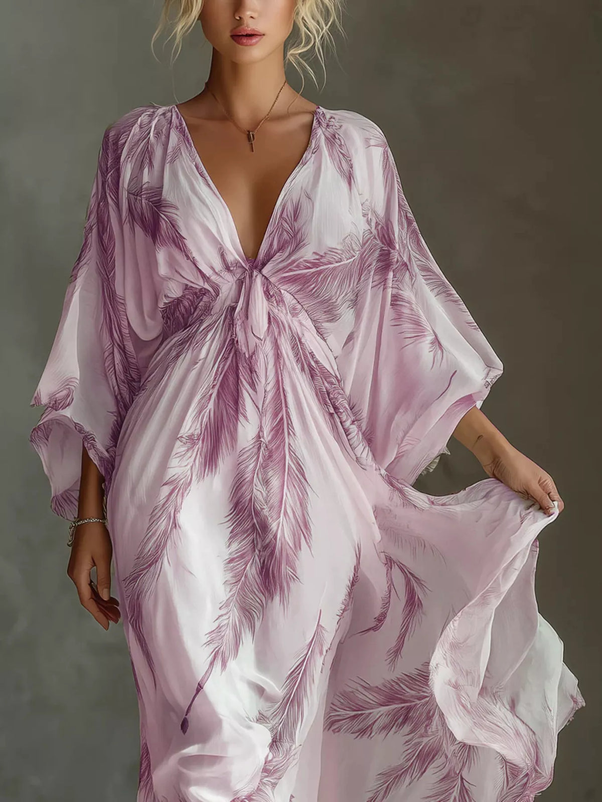 Full Size Feather Print V-Neck Flowy Maxi Dress Plus Size