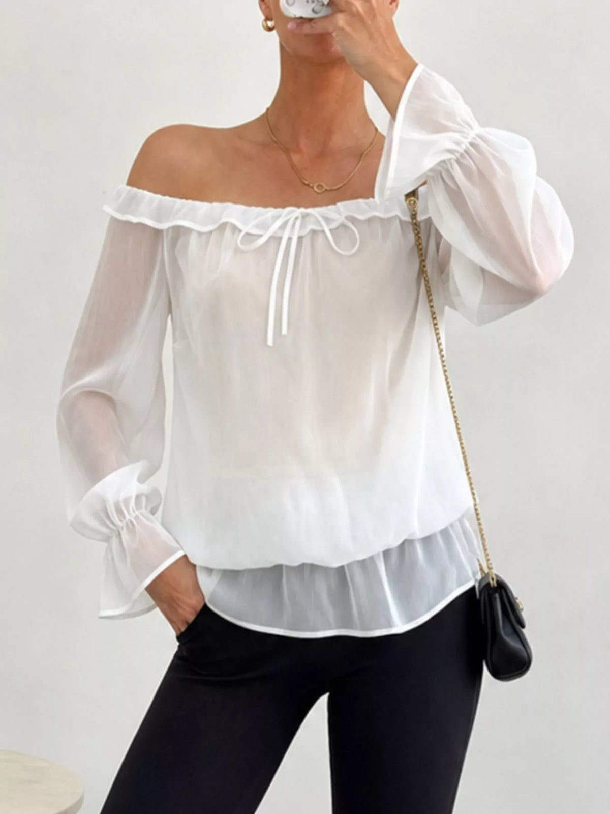 Off-Shoulder Flounce Sleeve Chiffon Blouse