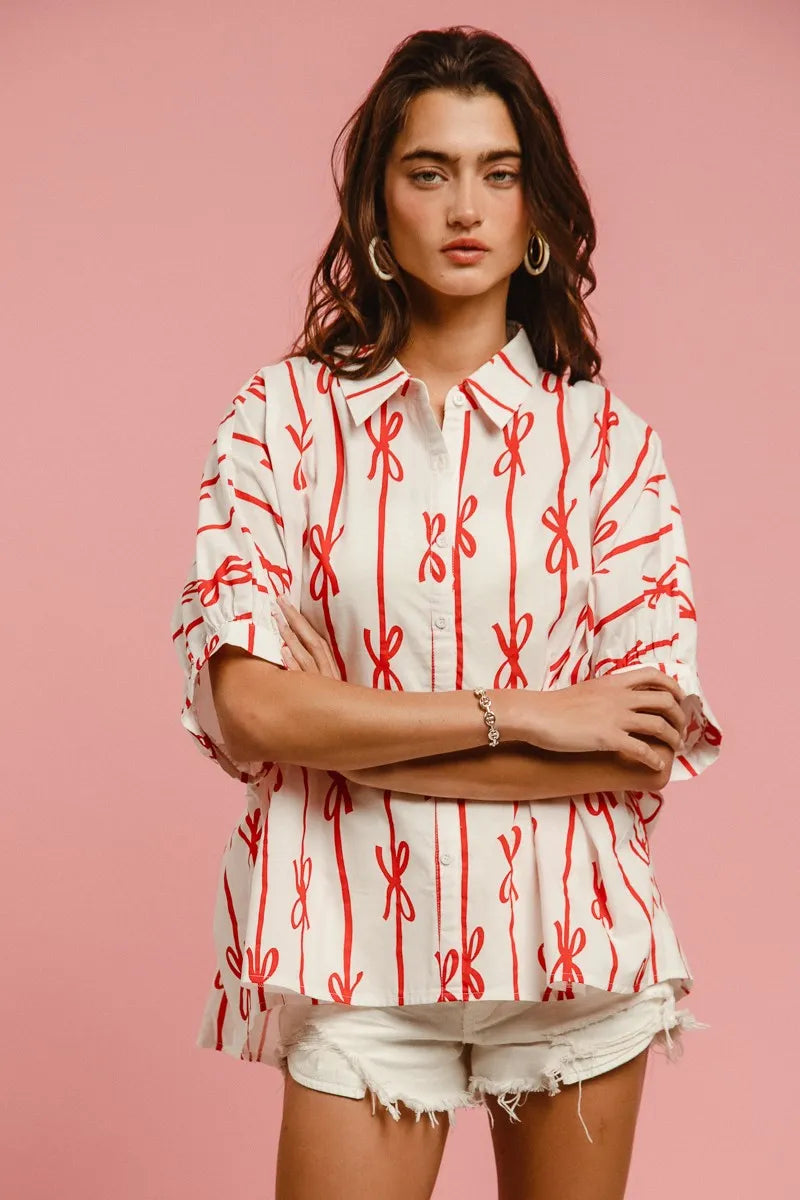 Bow Print Short Sleeve Button-Down Shirt with Collar