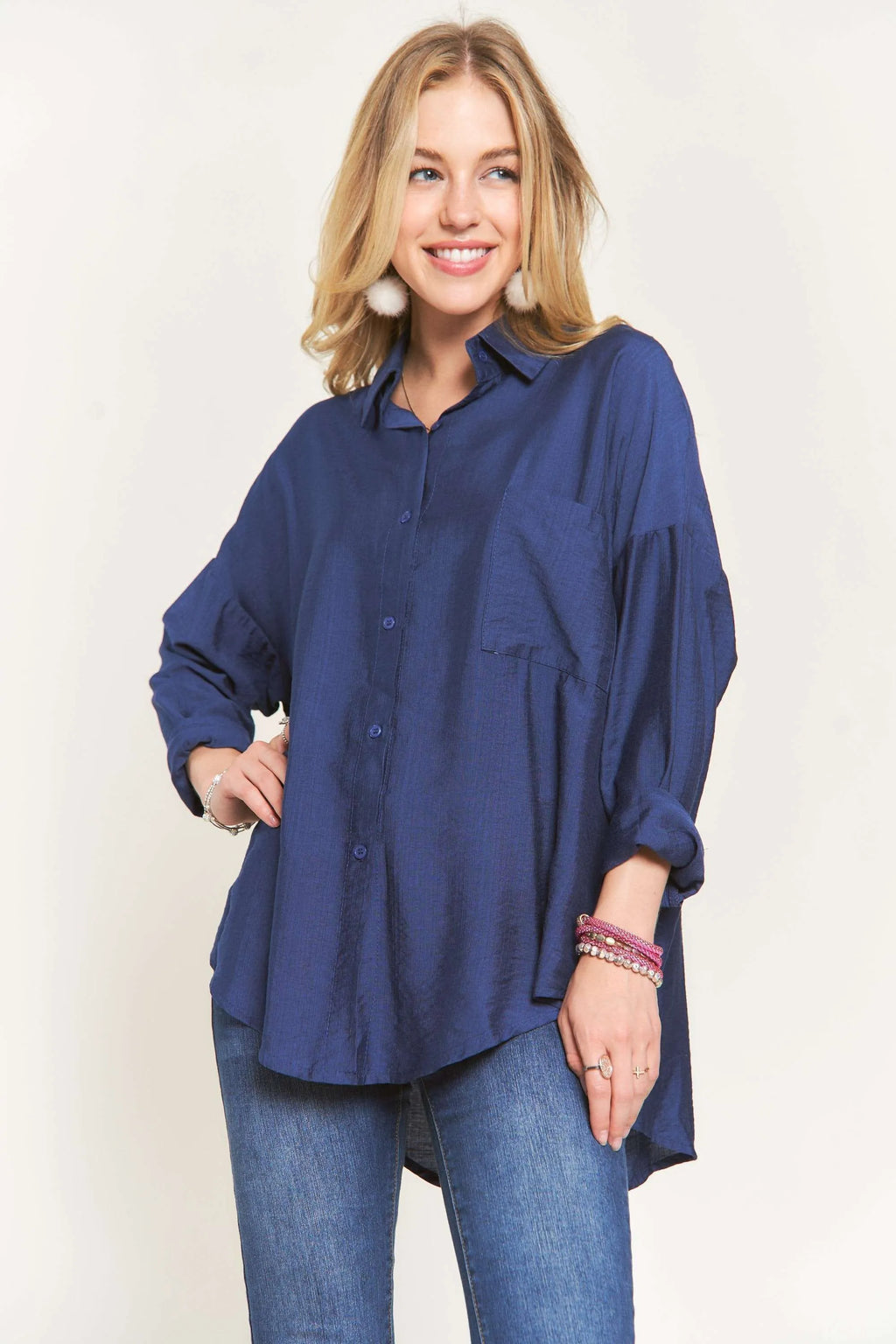Button-Down Linen Blend Shirt with Balloon Sleeves