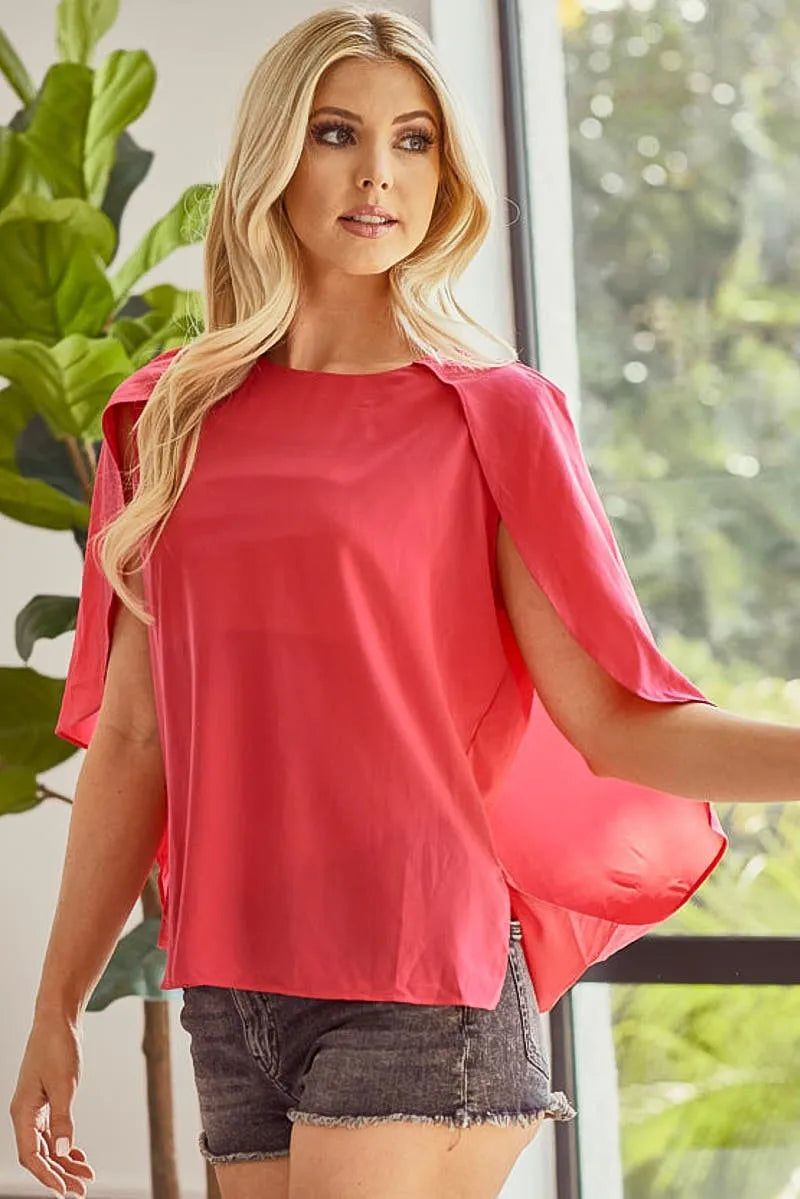 Woven Top with Fold-Over Back Detail and Cape Sleeves