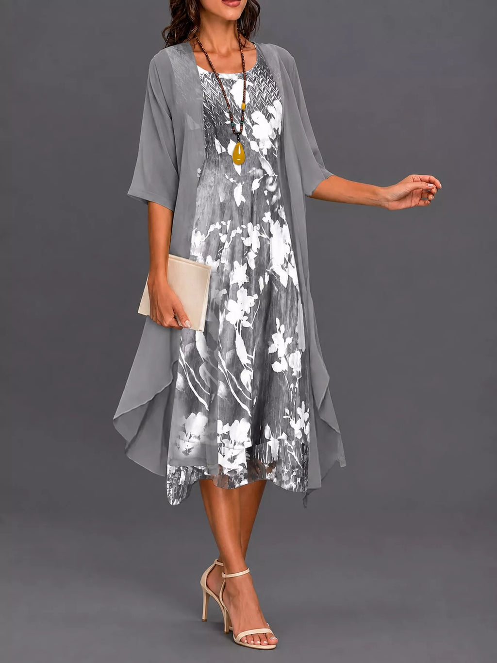 Full Size Floral Print Midi Dress and Chiffon Cardigan Set Plus Size