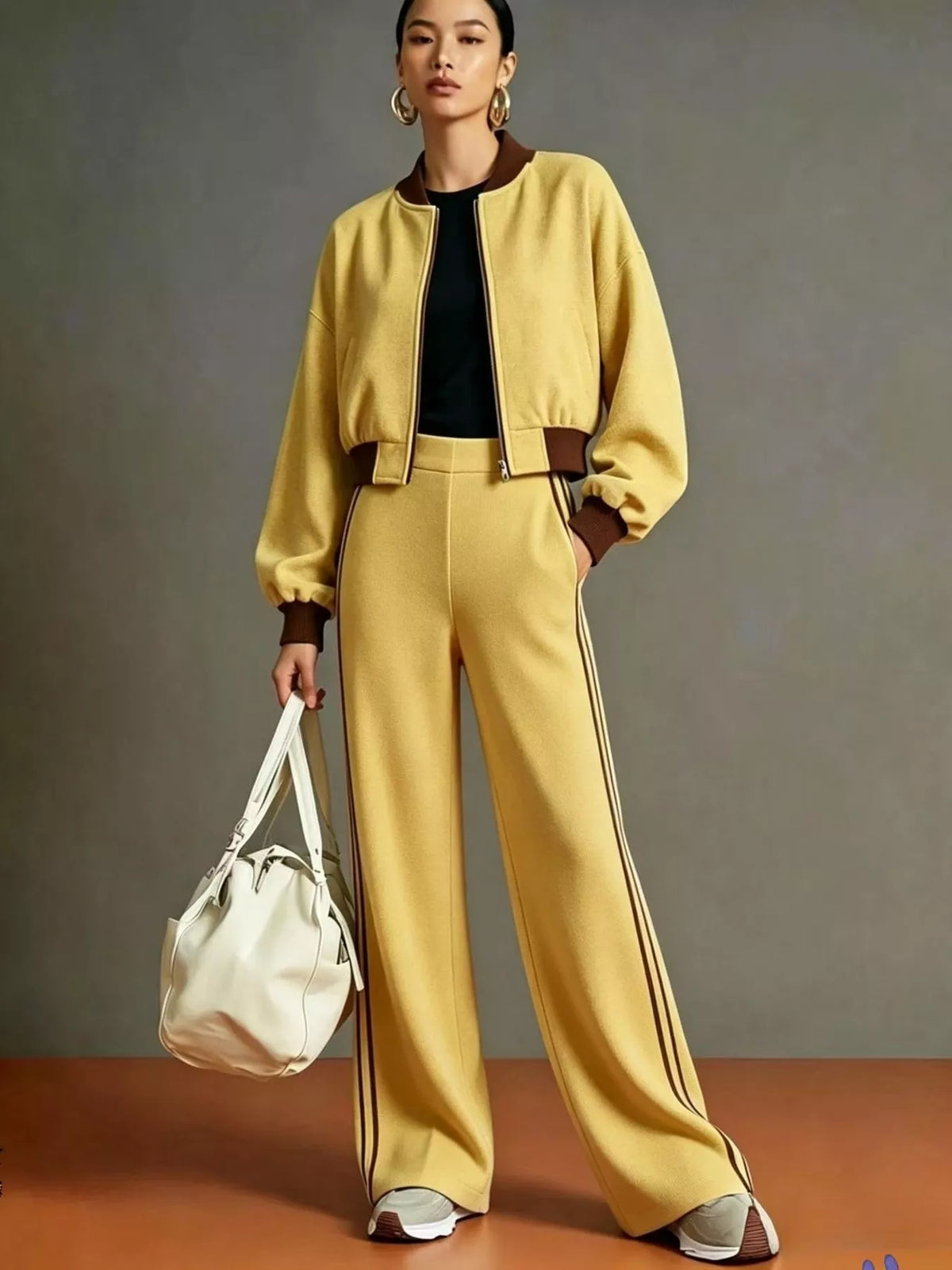 Contrast Ribbed Jacket and Wide-Leg Pants Tracksuit Set
