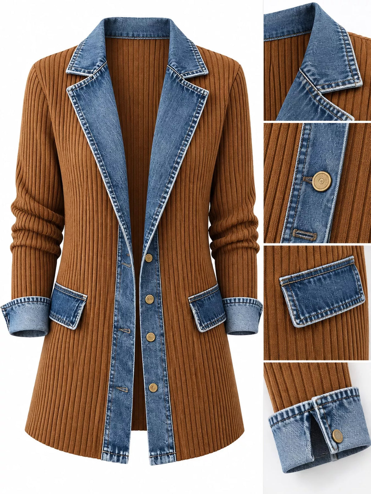 Full Size Denim Trim Ribbed Knit Cardigan Plus Size