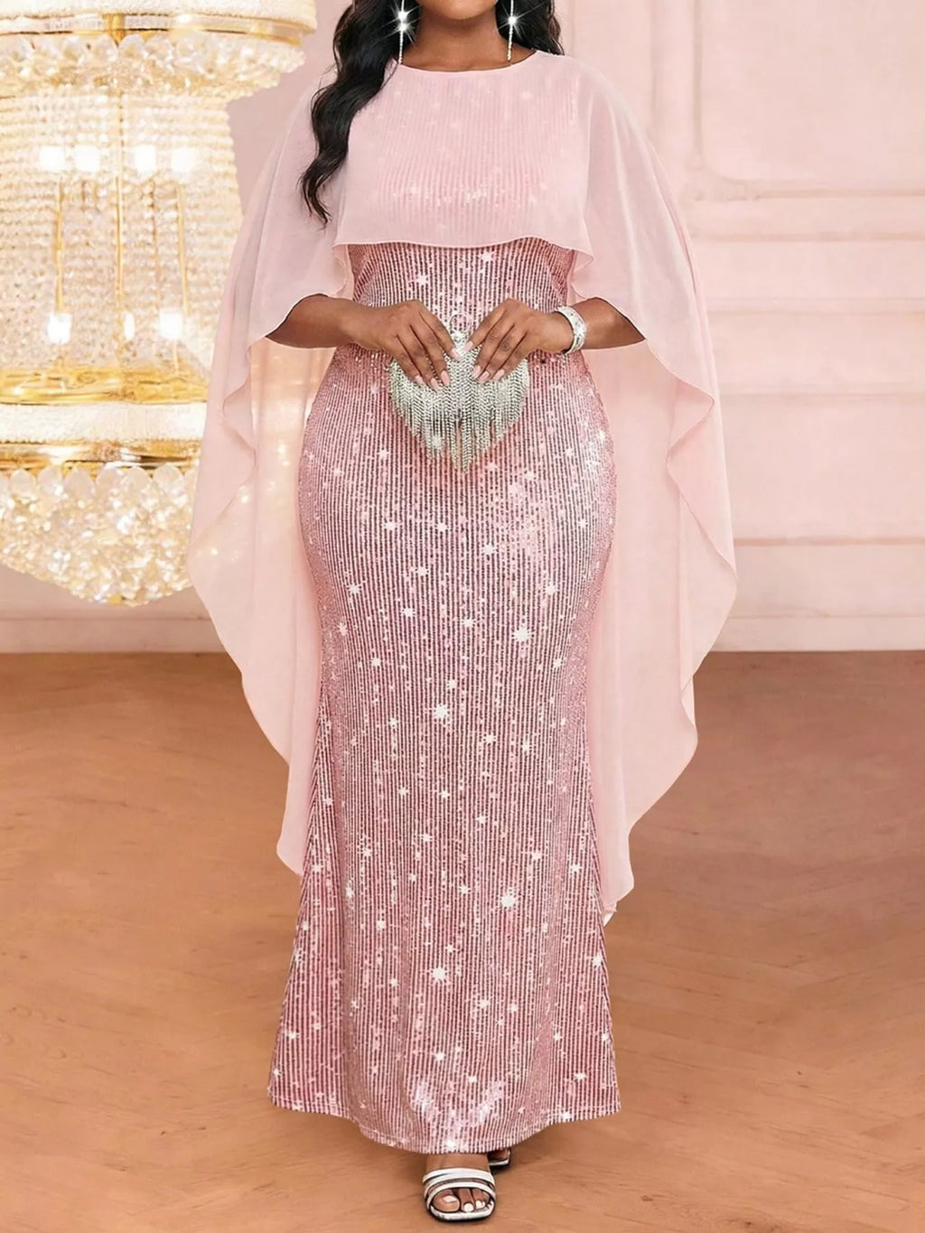 Sequin Cape Overlay Evening Dress
