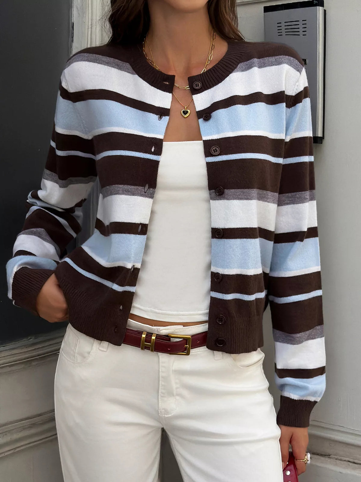 Striped Knit Button-Down Cardigan