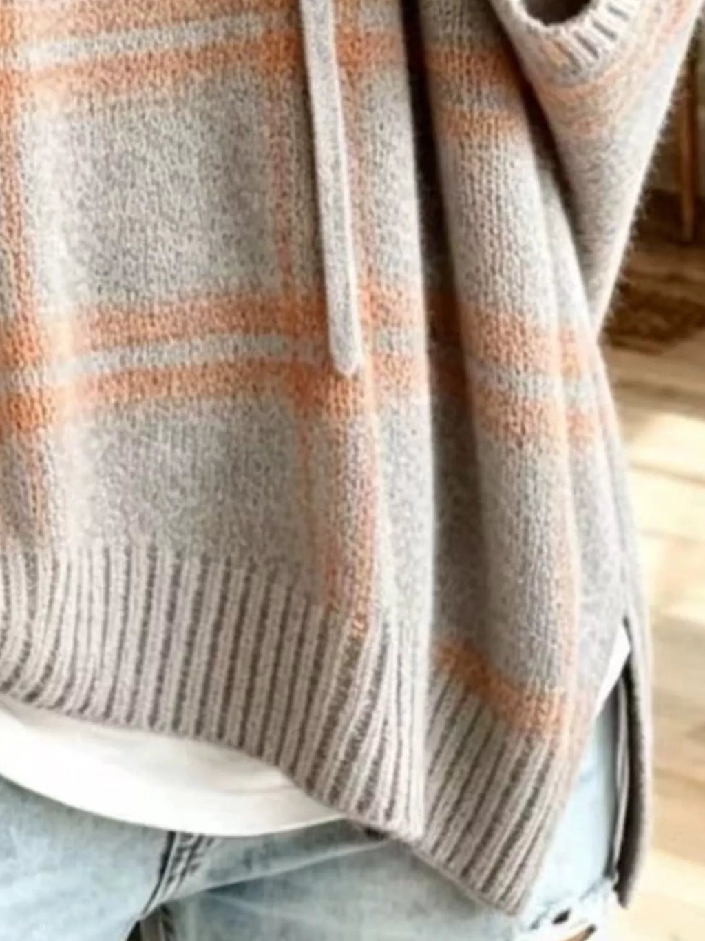Full Size Drawstring Plaid Hooded Sweater Plus Size