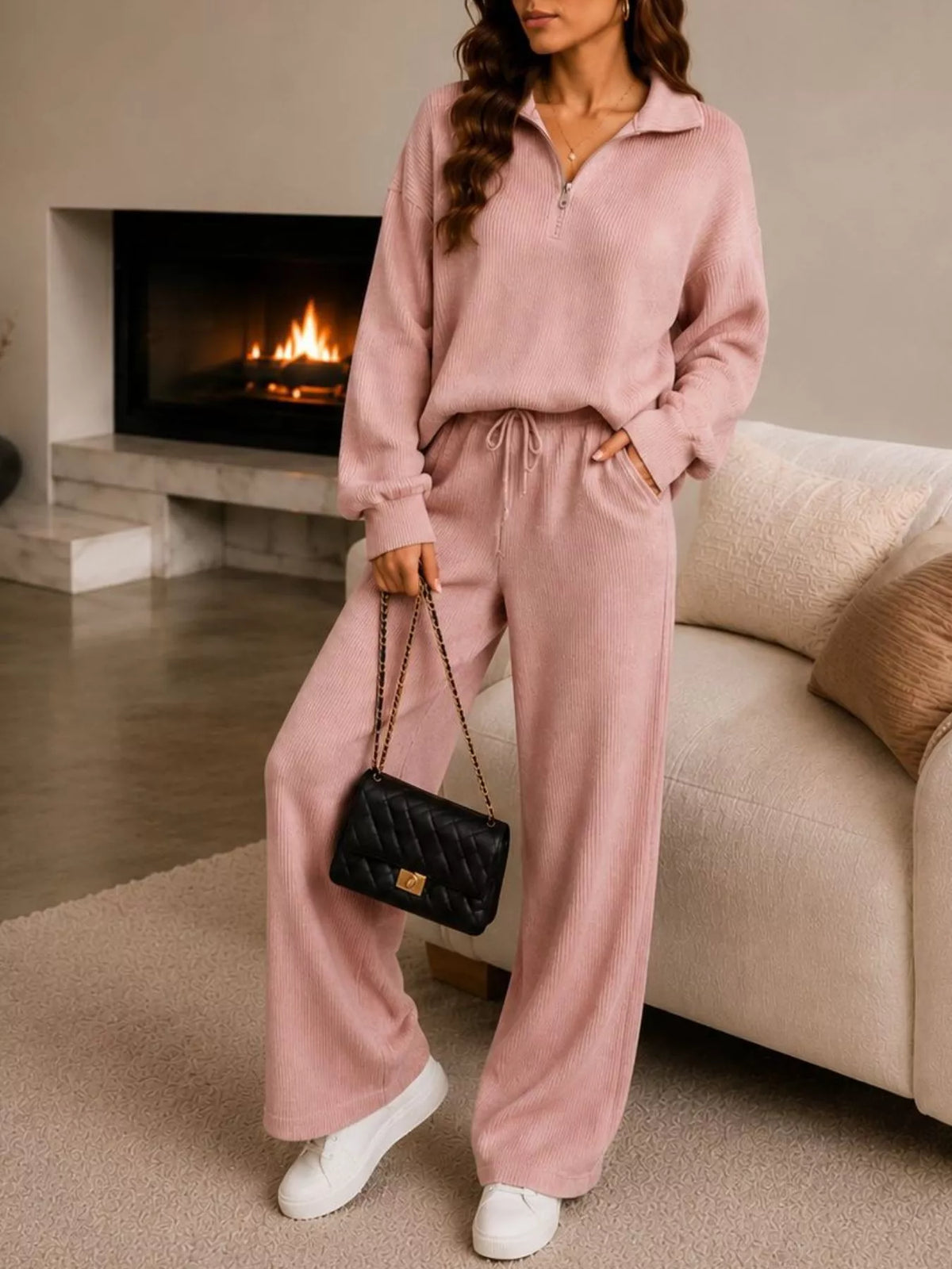 Cozy Ribbed Knit Quarter-Zip Top and Wide-Leg Set