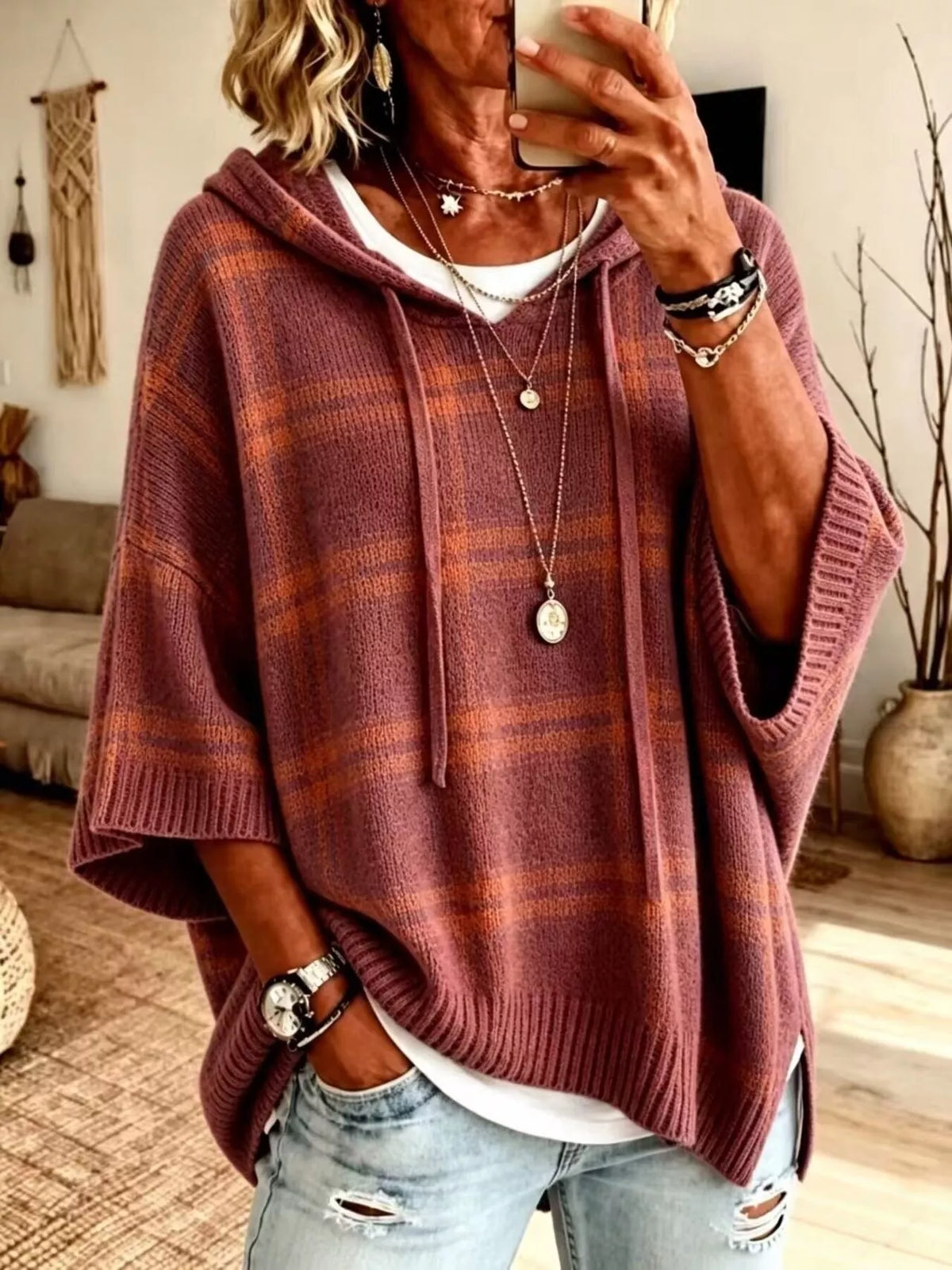 Full Size Drawstring Plaid Hooded Sweater Plus Size