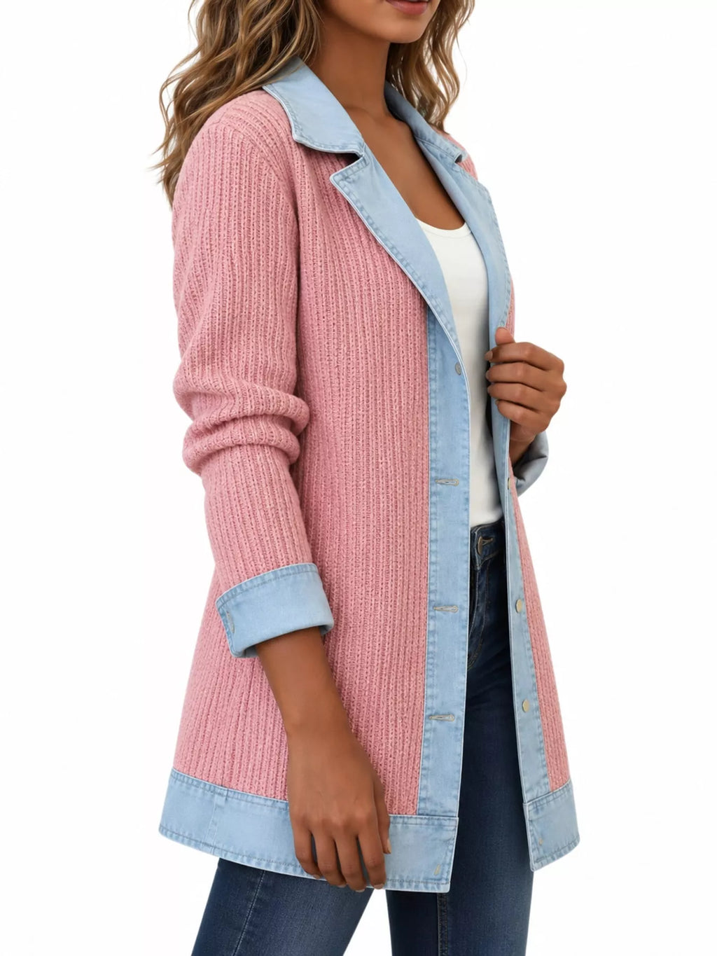 Full Size Denim Trim Ribbed Knit Cardigan Plus Size