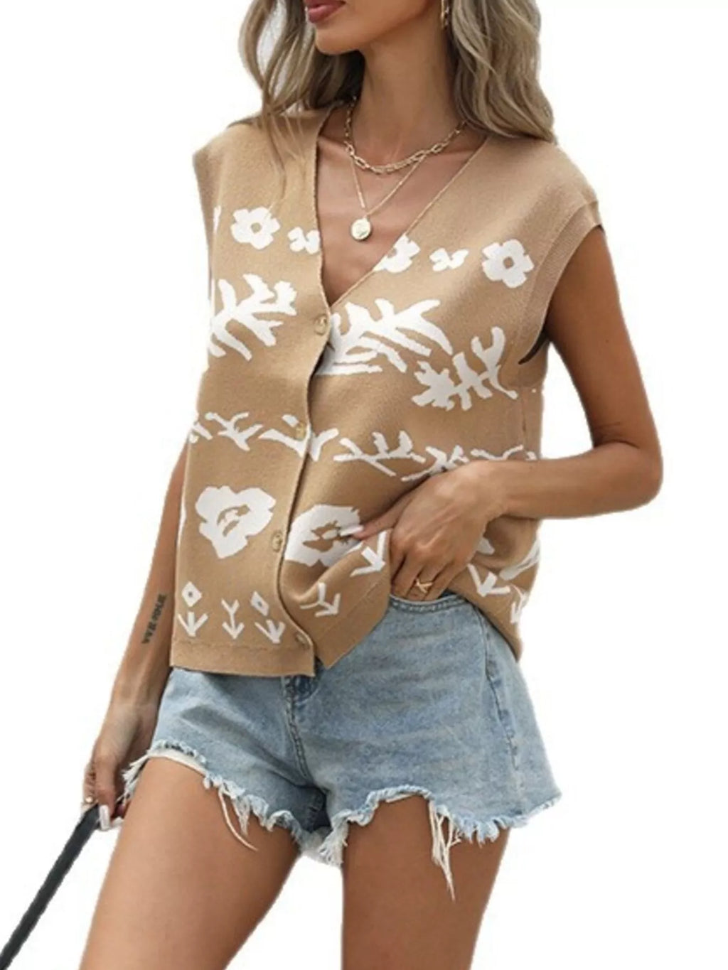 Floral V-Neck Sleeveless Vest