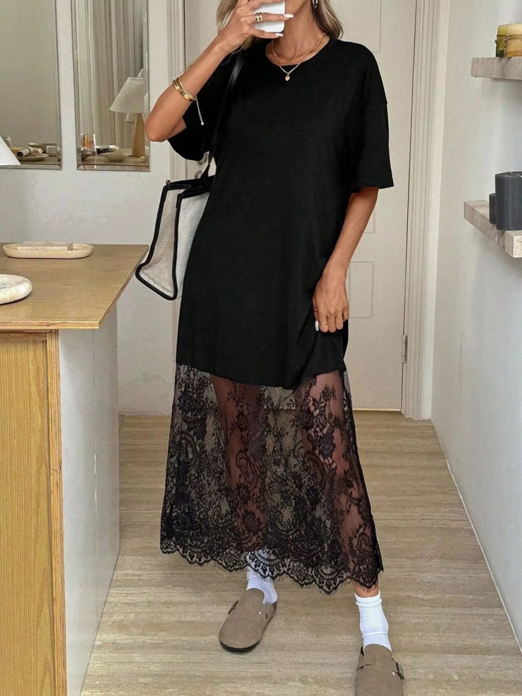 Floral Lace Hem Short Sleeve Tee Dress
