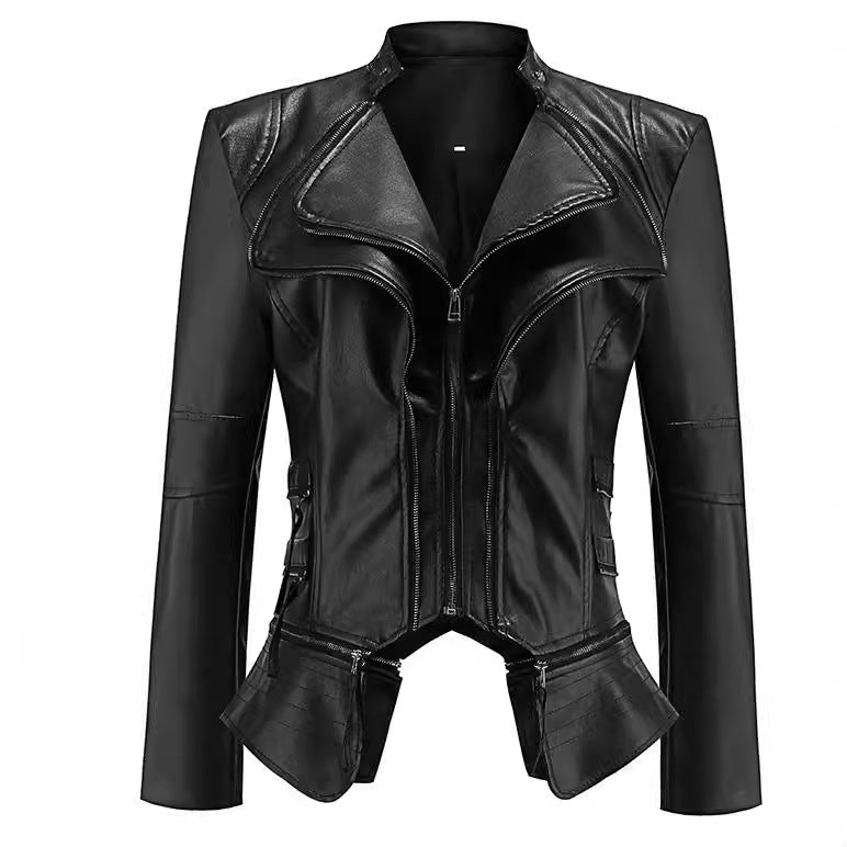 PU Leather Zippered Patchwork Jacket Coats