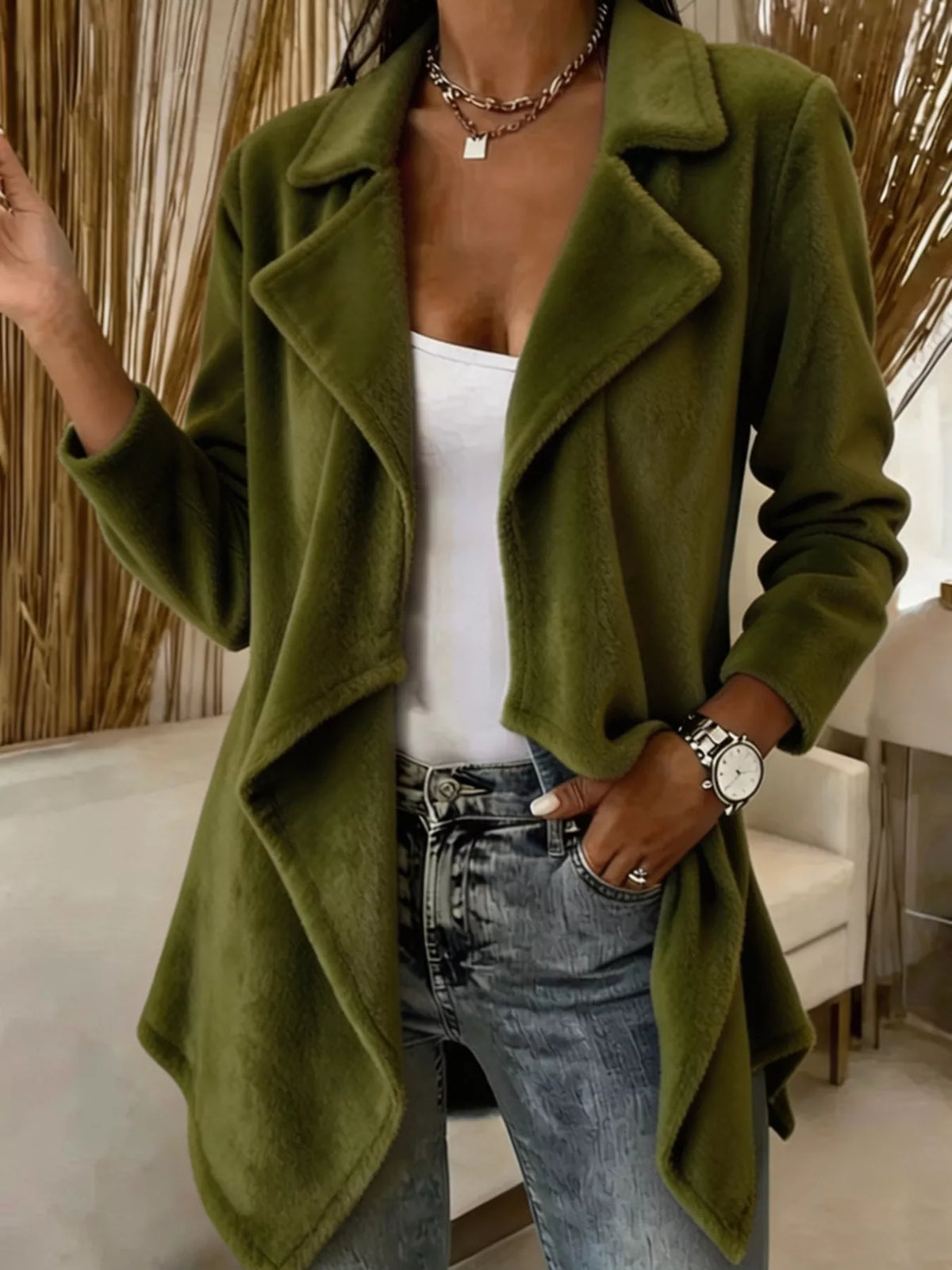 Full Size Fleece Waterfall Collar Outerwear Plus Size