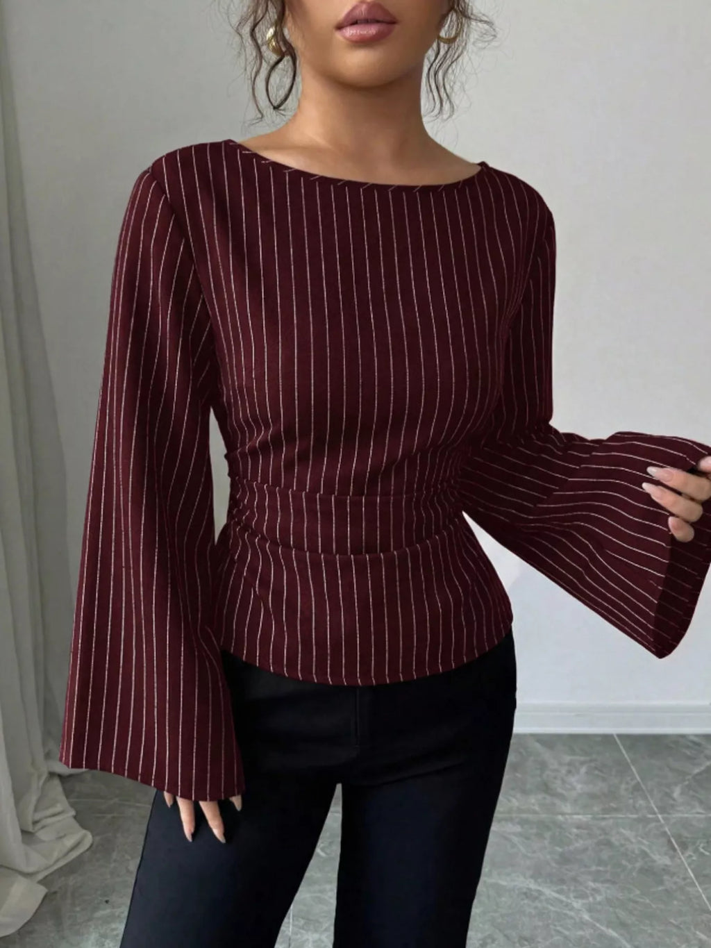 Elegant Pinstriped Bell Sleeve Blouse with Back Lace Up