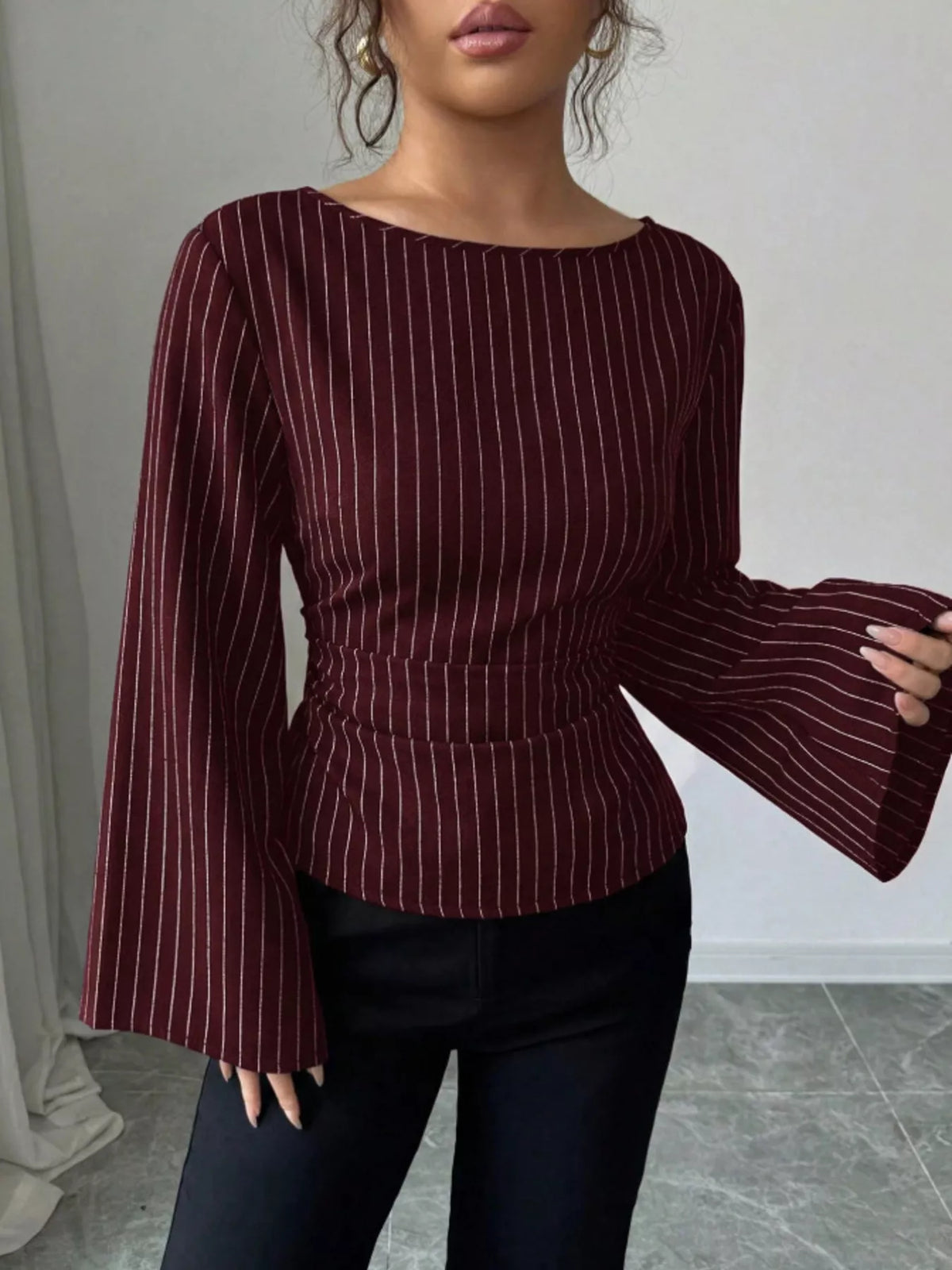 Elegant Pinstriped Bell Sleeve Blouse with Back Lace Up
