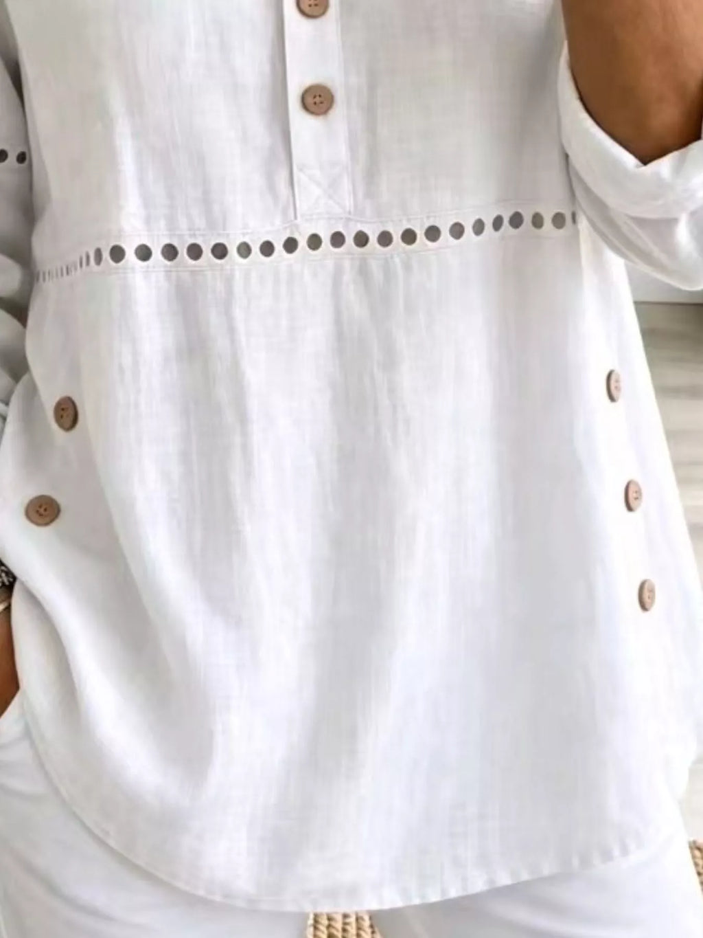 Full Size Button Detail Eyelet Long Sleeve Blouse Plus Size