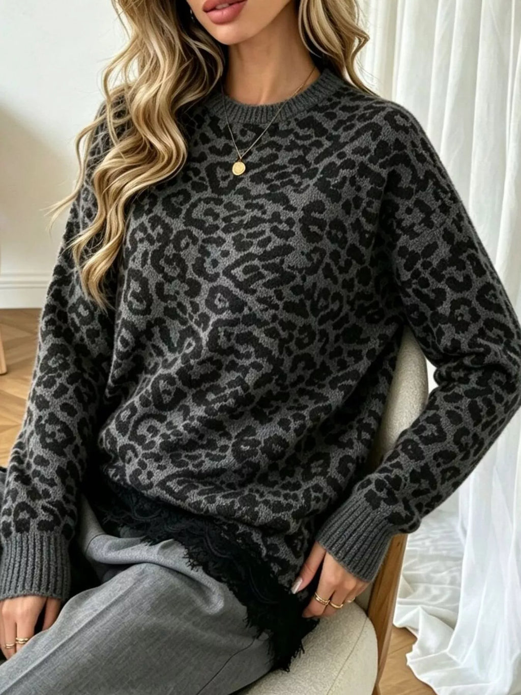 Round Neck Sweater with Asymmetric Lace Hem