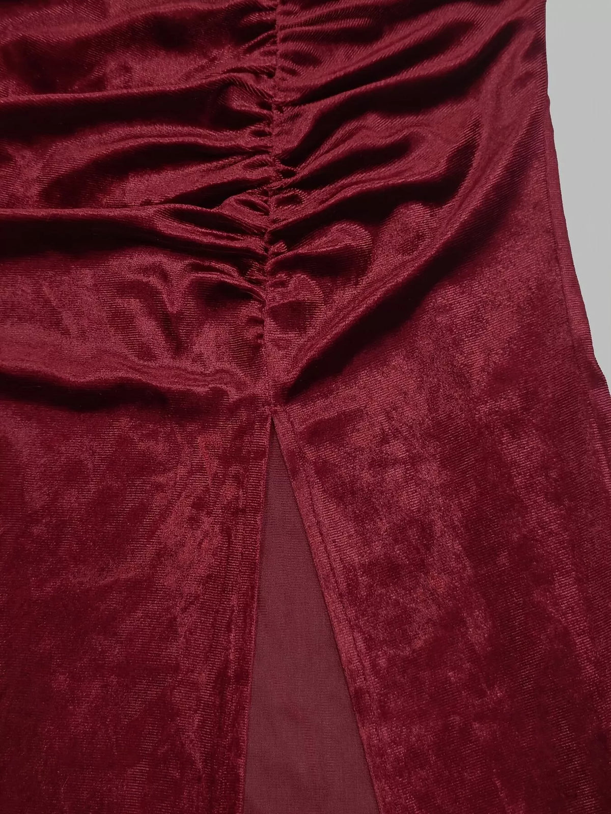 Velvet Mock Neck Ruched Slit Maxi Dress