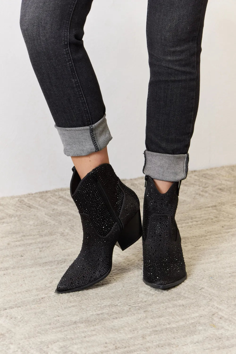 Rhinestone Western Ankle Boots with Pointed Toe