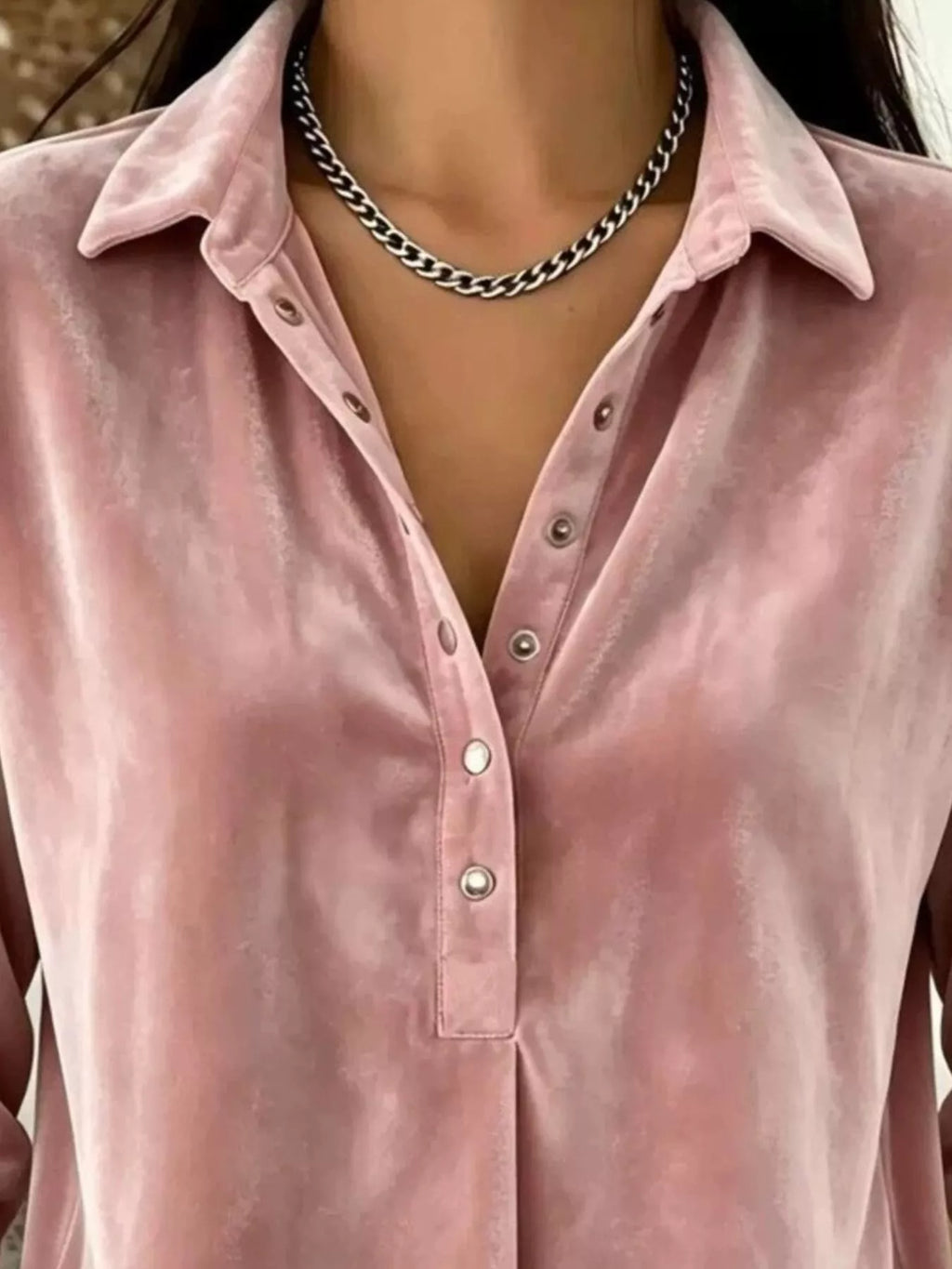 Velvet Snap Down Long Sleeve Blouse