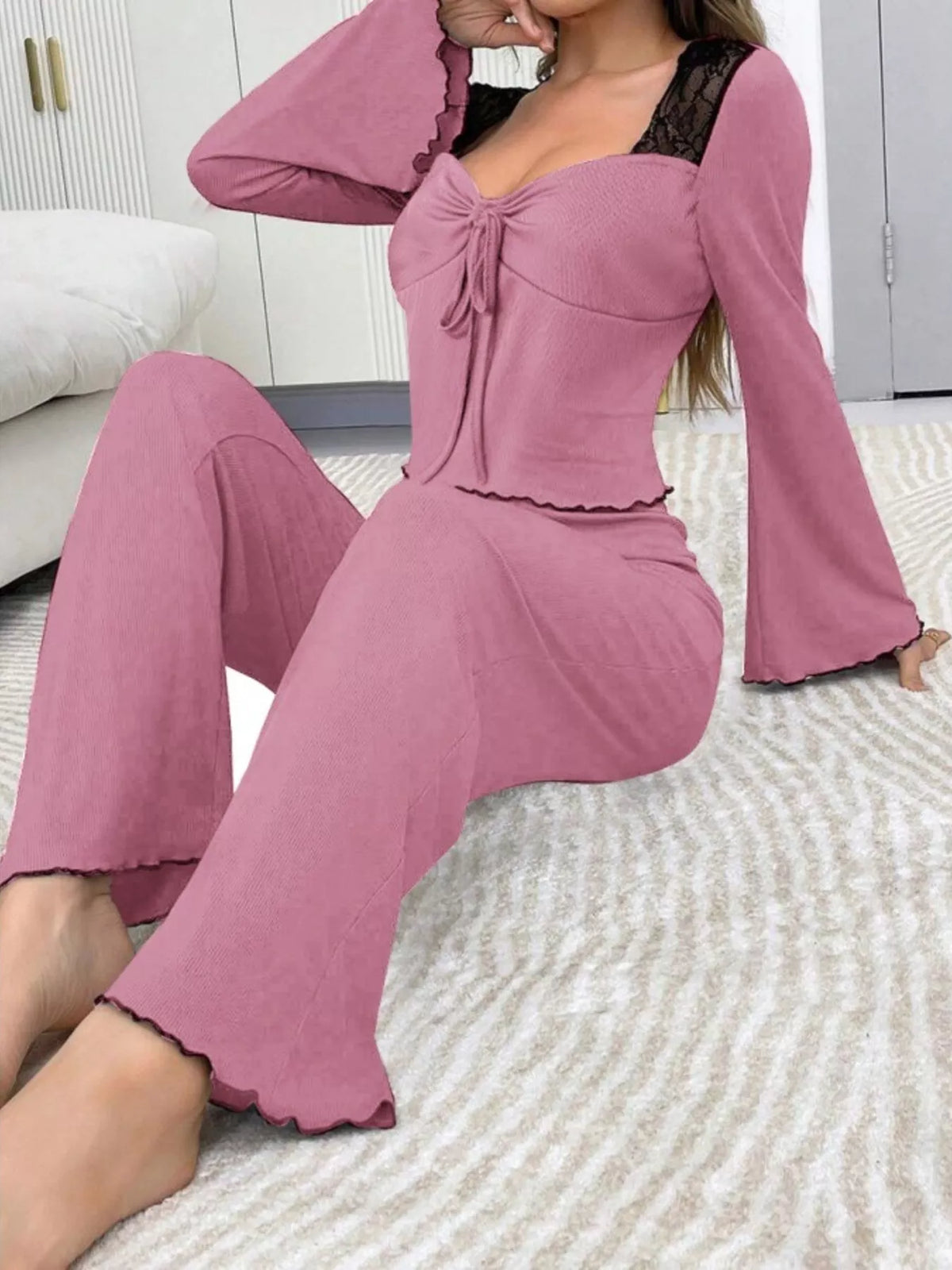 Lace Detail Flare Sleeves Top and Pants Lounge Set