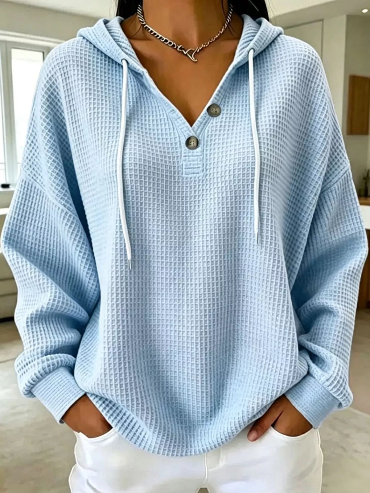 Full Size Waffle Knit Button Detail Hoodie Plus Size