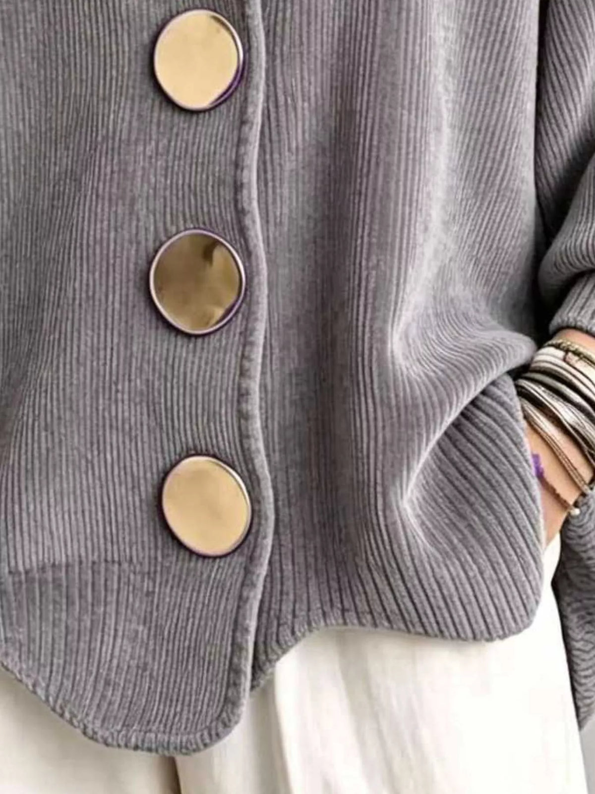 Full Size Ribbed Knit Gold Buttons Cardigan Plus Size