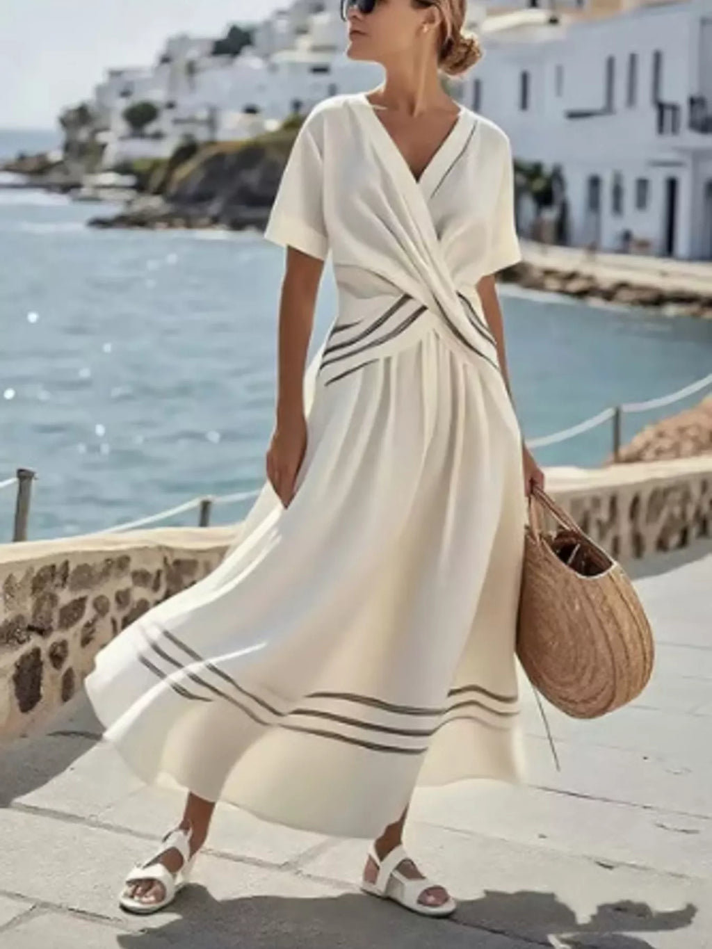 Full Size Striped Surplice Half Sleeve Midi Dress Plus Size