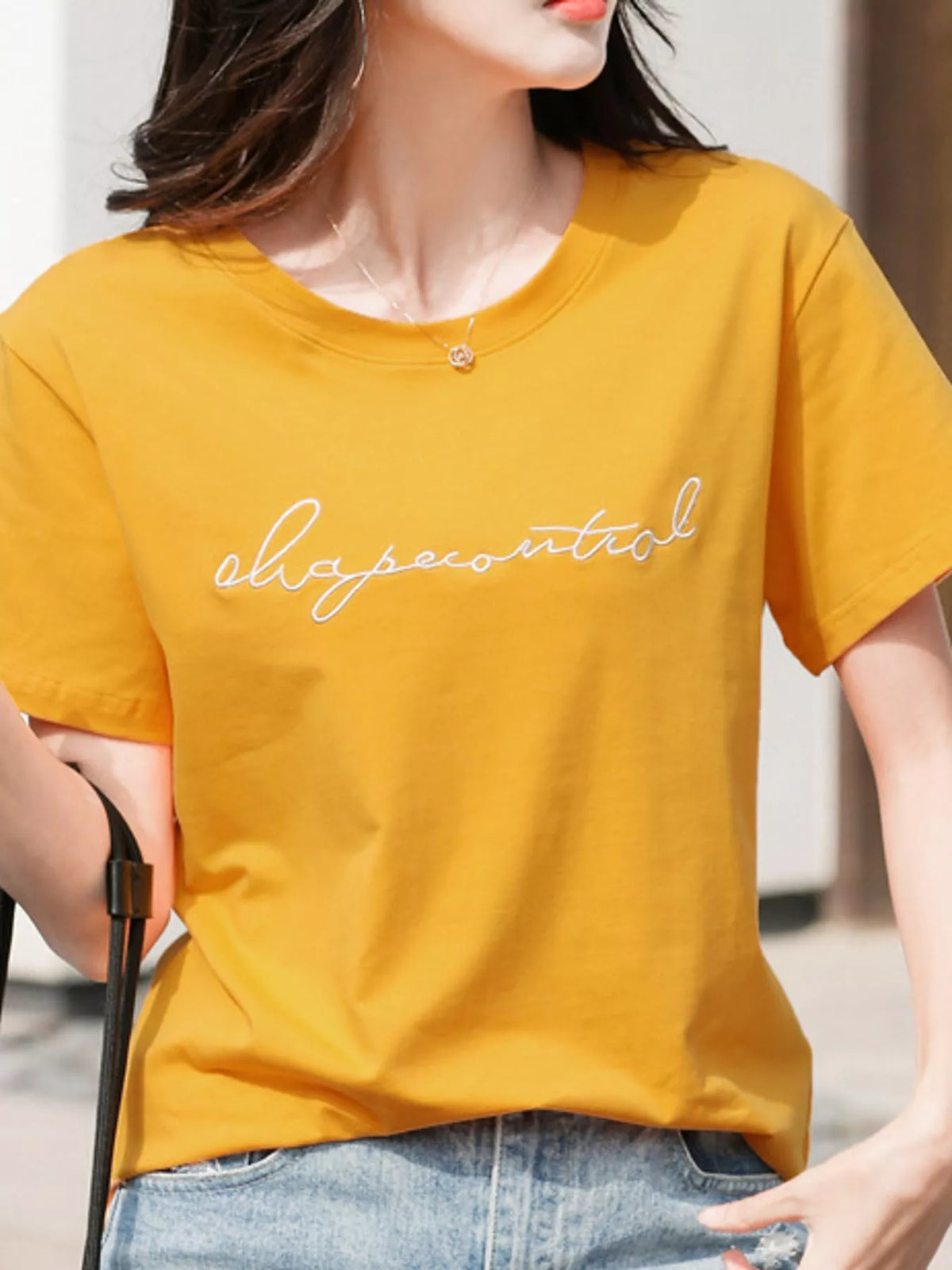 Full Size Letter Embroidered Round Neck T-Shirt Plus Size
