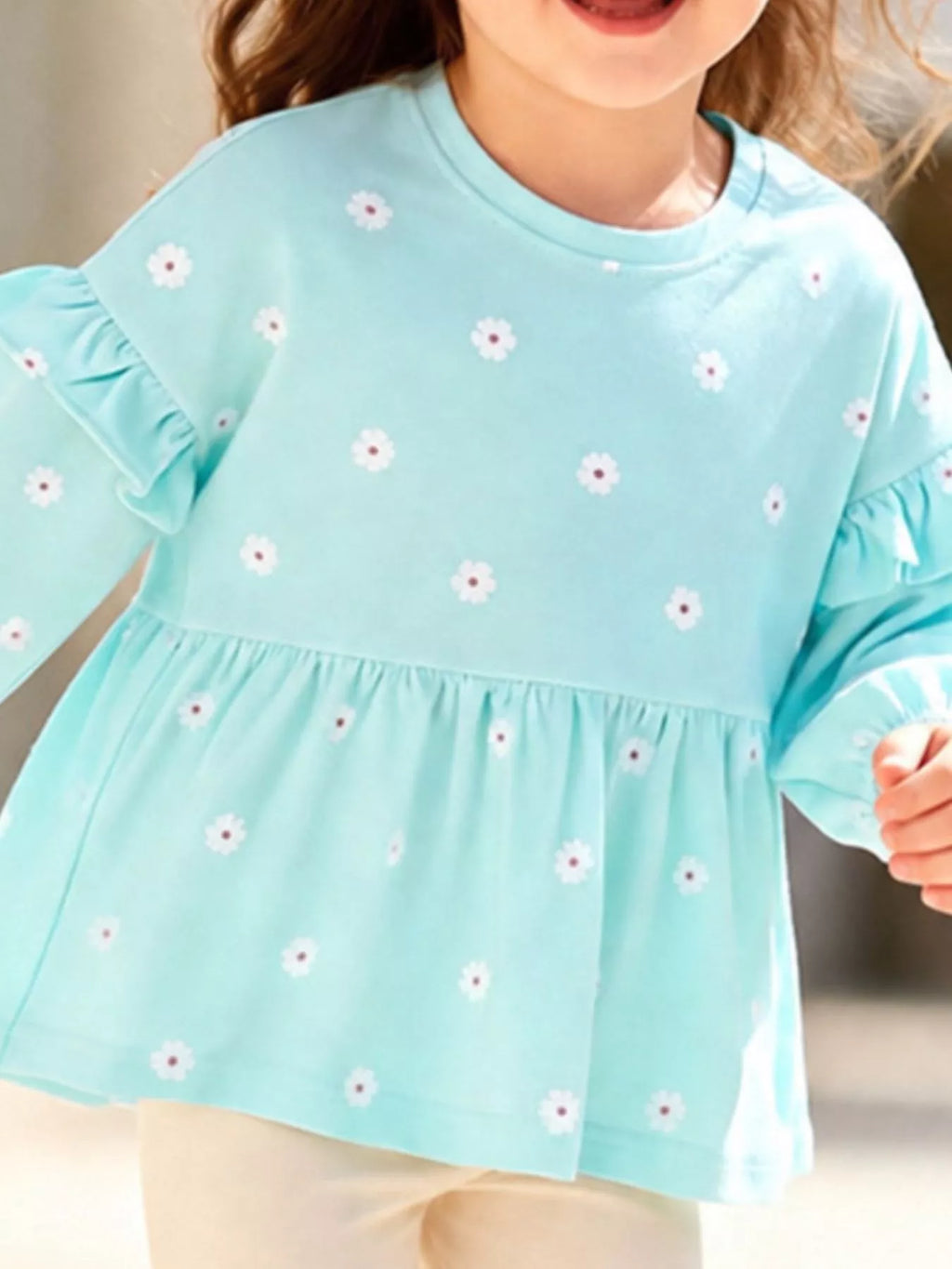 Children's Flower Balloon Sleeve Peplum Top and Pants Set