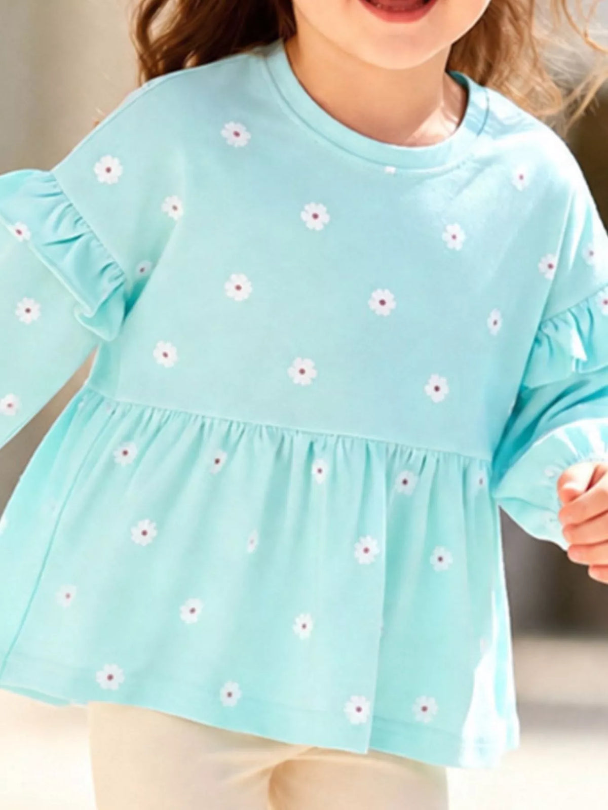 Children's Flower Balloon Sleeve Peplum Top and Pants Set