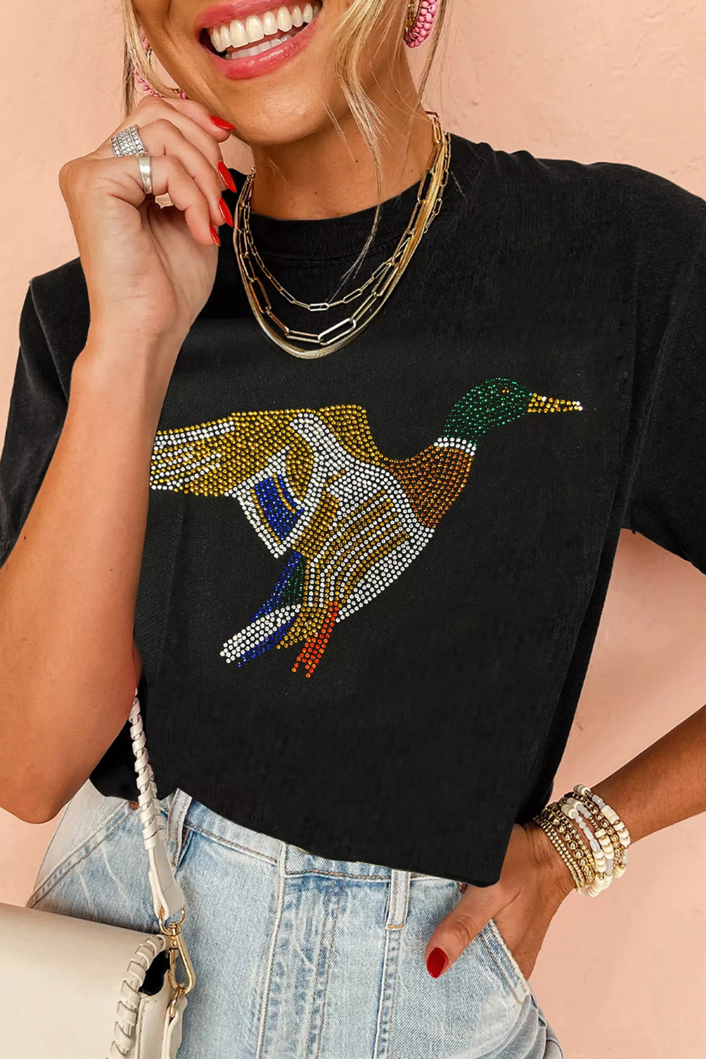 Full Size Rhinestone Flying Mallard Casual Round Neck T Shirt Plus Size