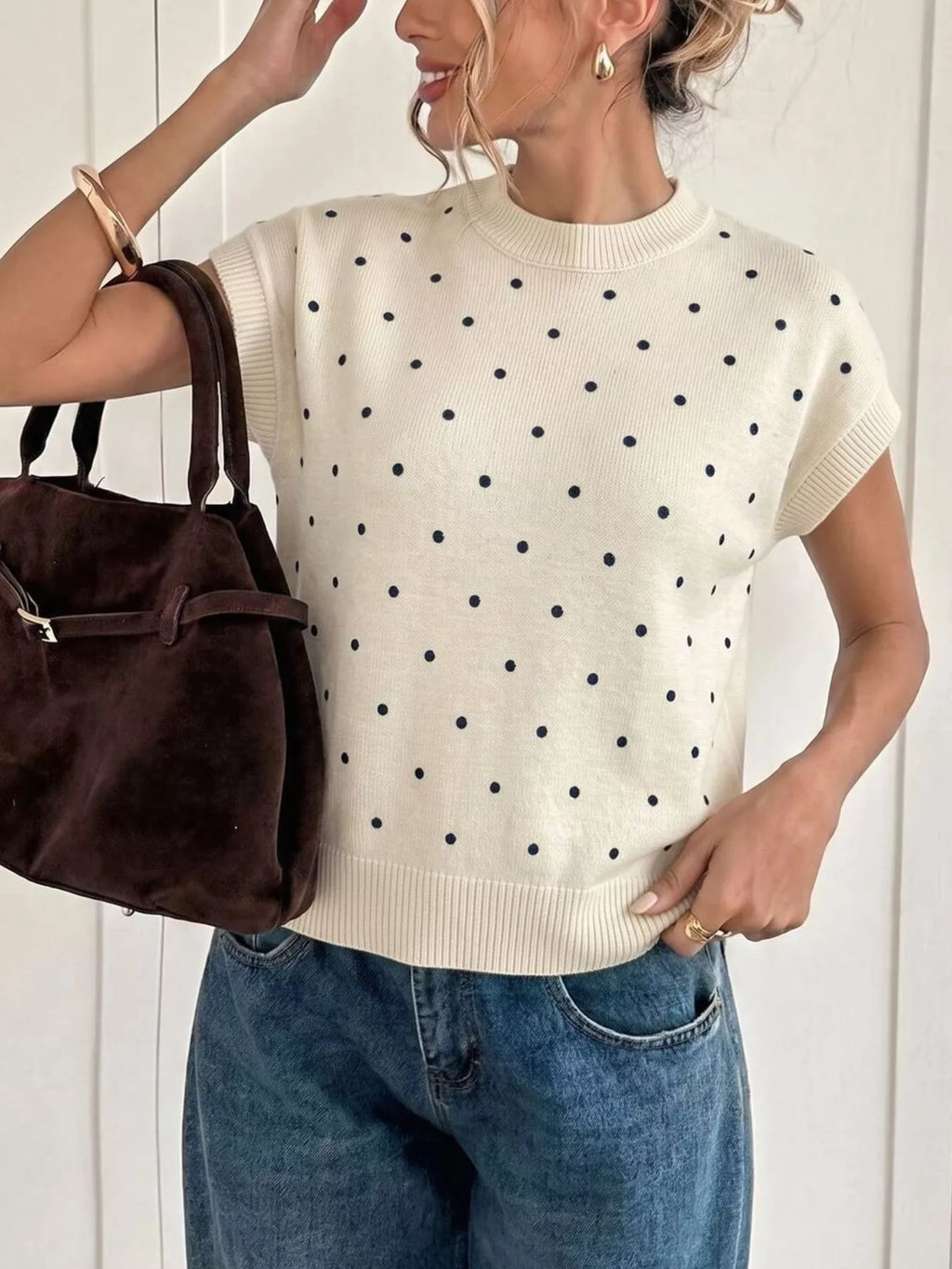 Polka Dot Short Sleeve Knit Sweater