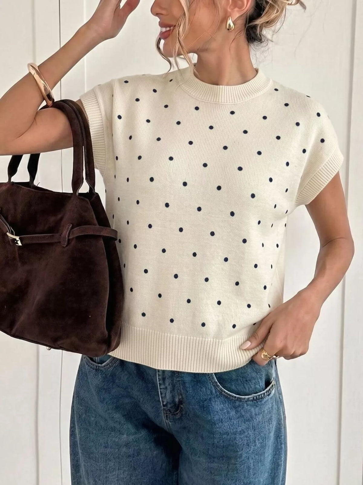 Polka Dot Short Sleeve Knit Sweater