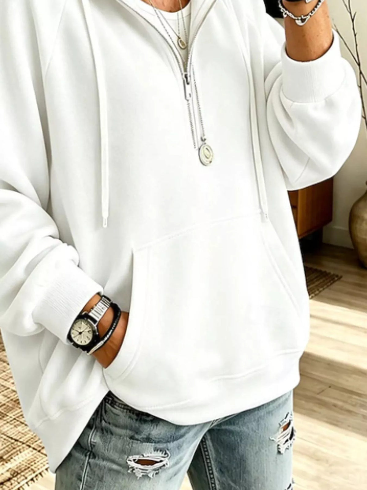 Ribbed Knit Quarter-Zip Hoodie with Kangaroo Pocket