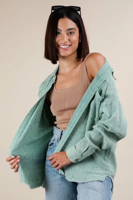 VERY J Mineral Washed Gauze Button Down Shirt