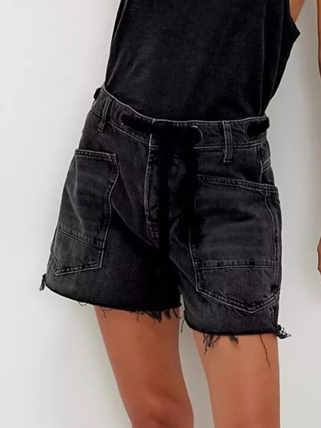Drawstring Raw Hem Denim Shorts