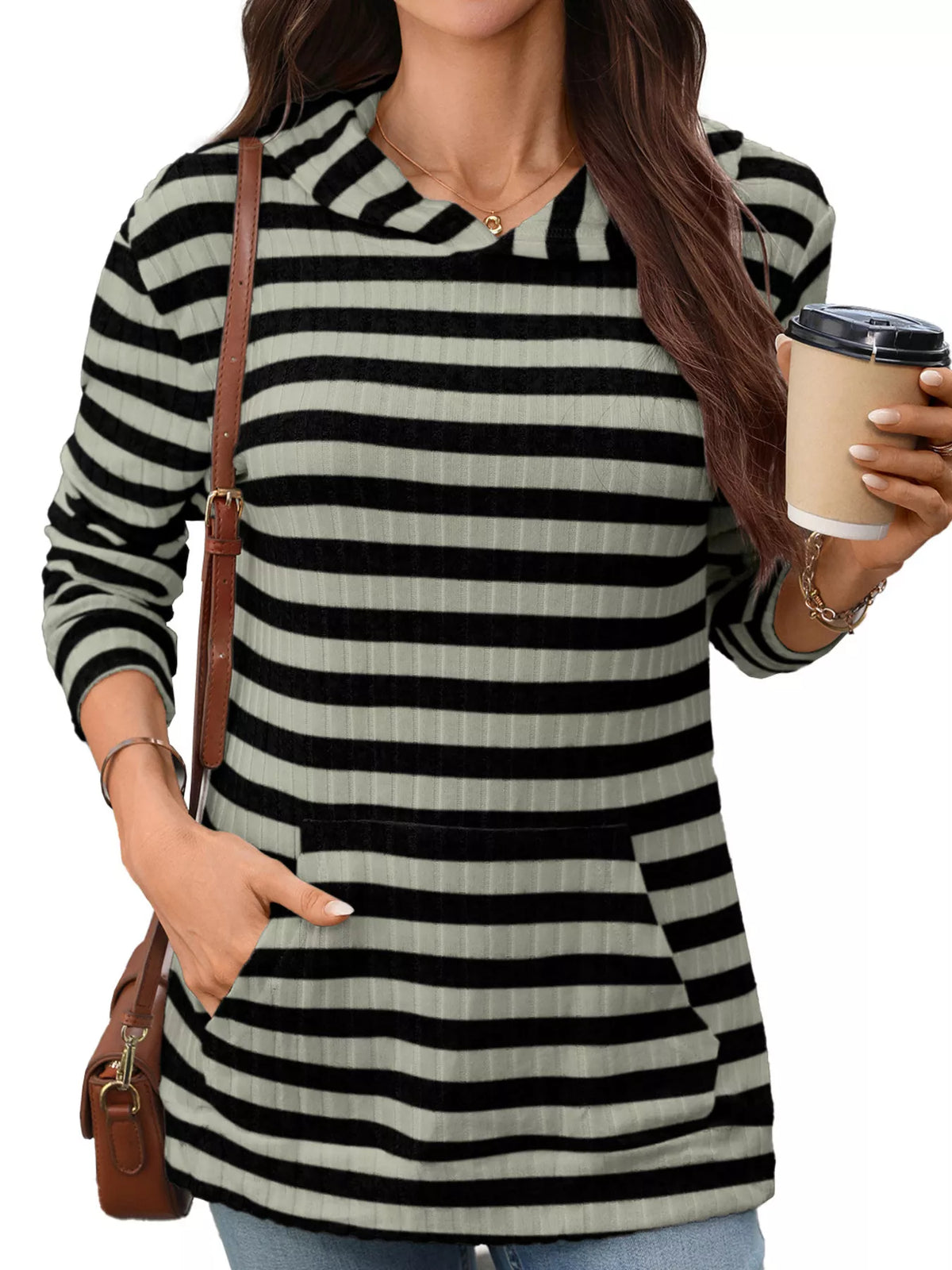 Casual Striped Ribbed Knit Hoodie with Kangaroo Pocket