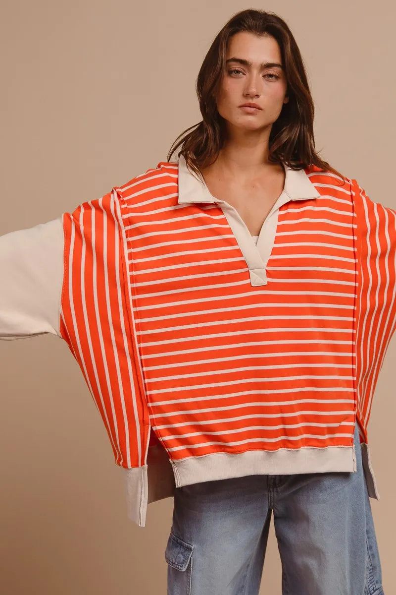 BiBi Stripe Knit Loose Fit Top With Cut Edge Detail