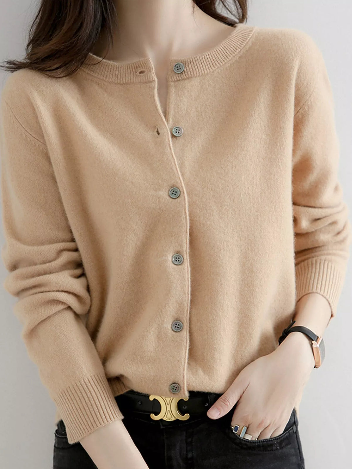Crew-Neck Button-Down Cardigan