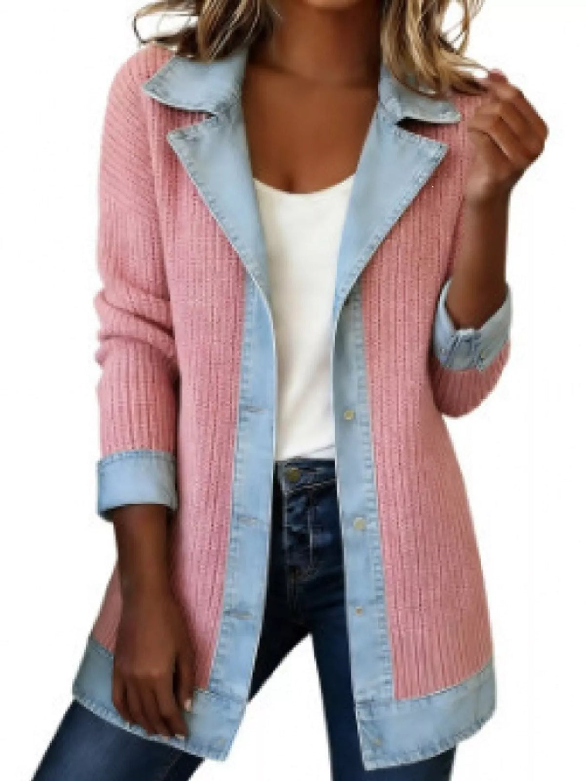 Full Size Denim Trim Ribbed Knit Cardigan Plus Size