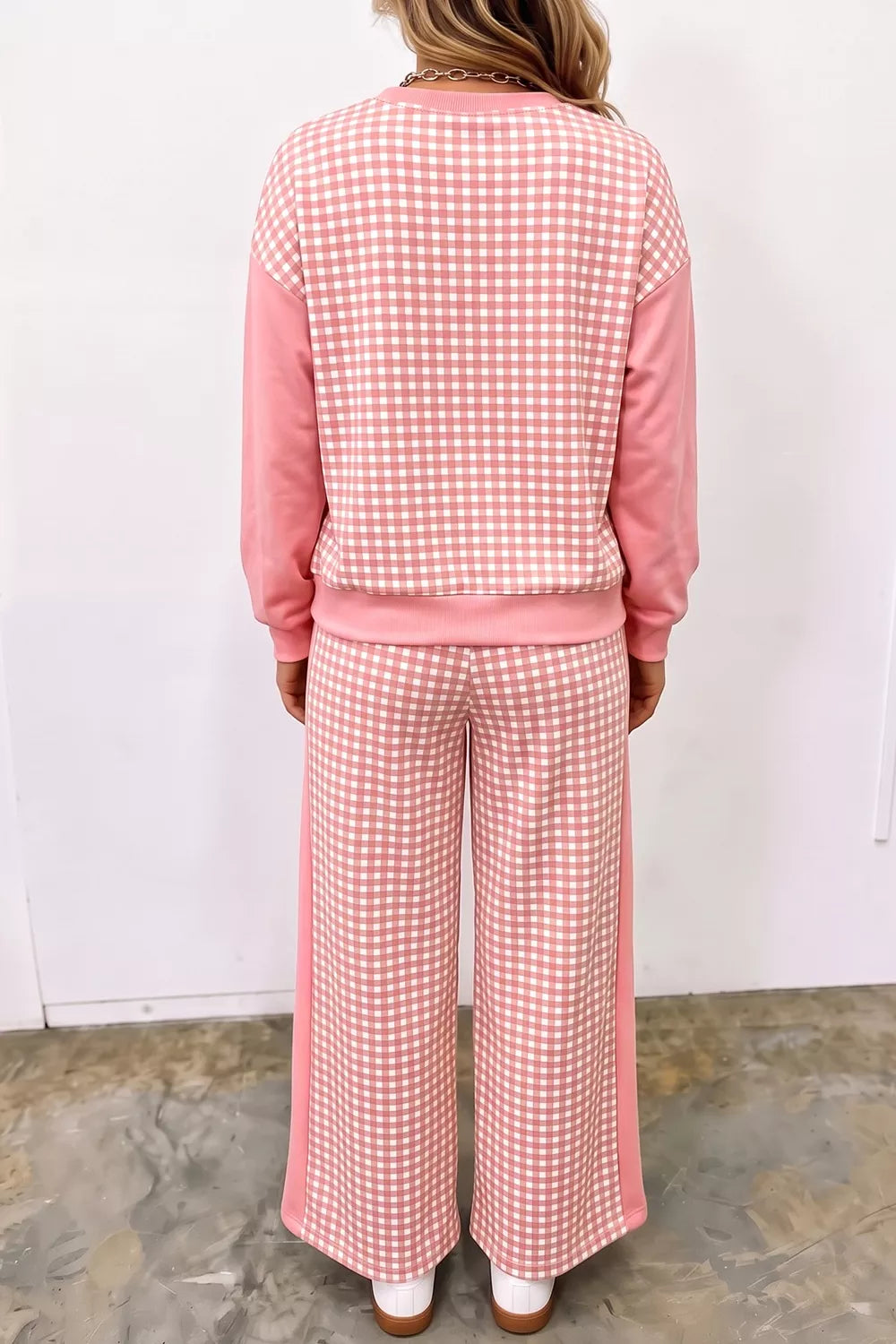 Color Block Plaid Patchwork Long Sleeve Pullover Wide Leg Pant Set