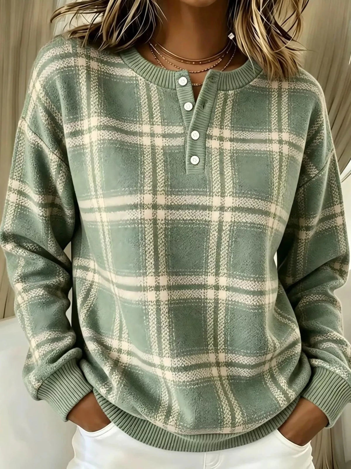 Full Size Plaid Button Detail Long Sleeve Sweatshirt Plus Size