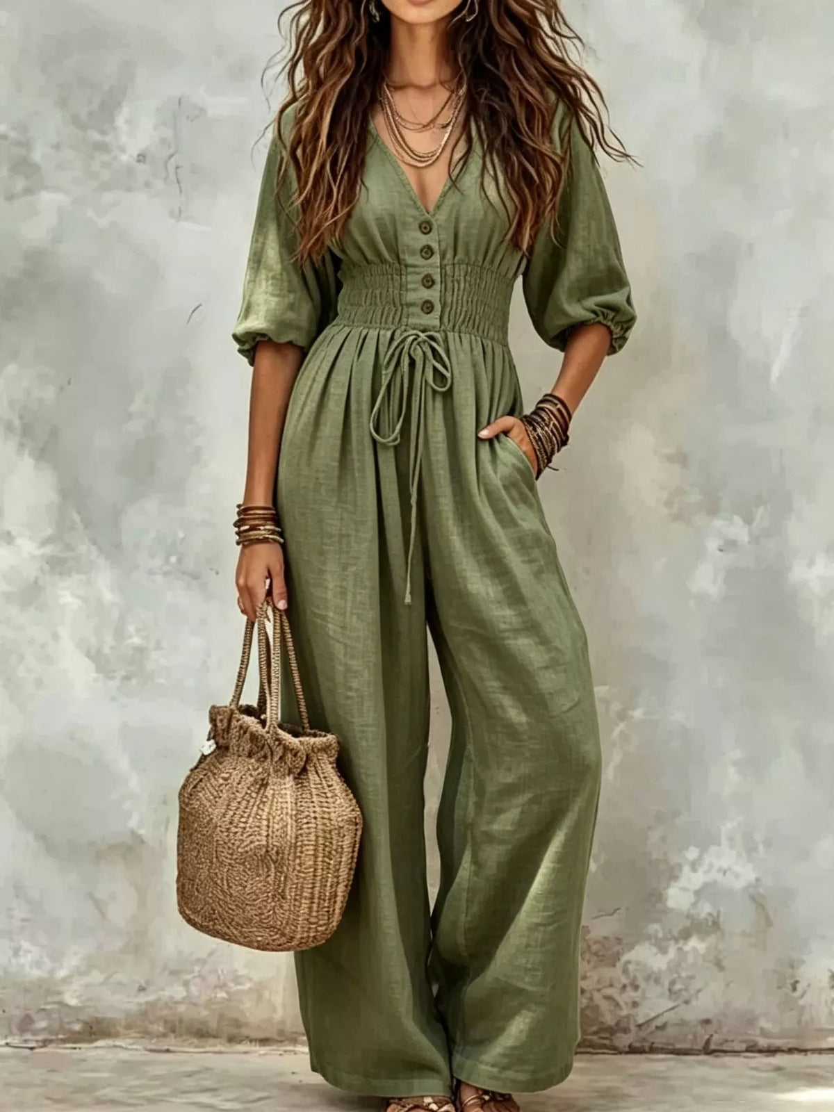 V-Neck Smocked Waist Wide-Leg Jumpsuit