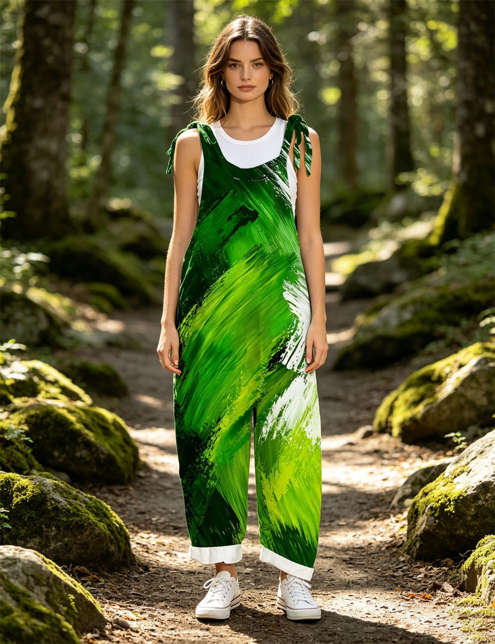 Women Green Gradient Wave Print Tie Strap Overalls, Loose Wide Leg Rolled Cuff Casual Jumpsuit With Pockets