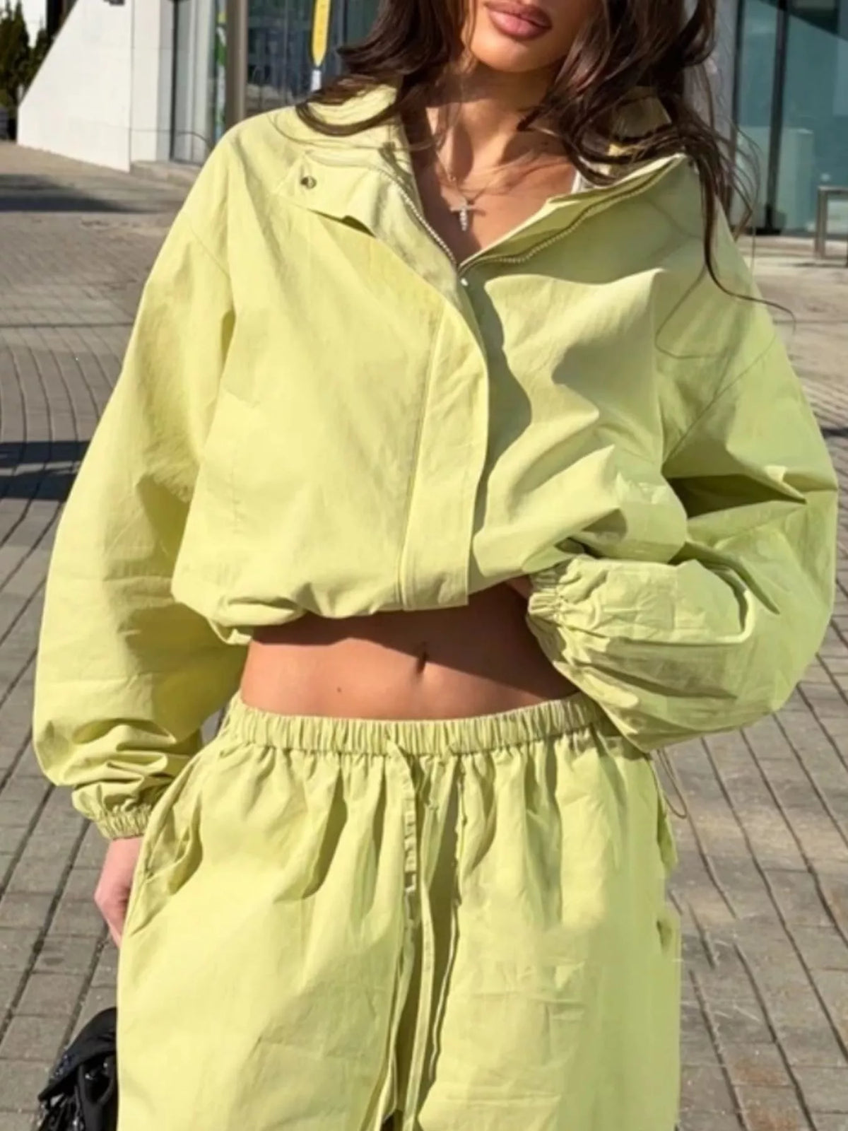 Drawstring Hem Crop Jacket and Wide-Leg Pant Set