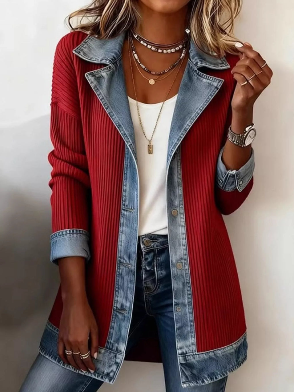Full Size Denim Trim Ribbed Knit Cardigan Plus Size